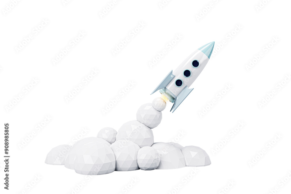 Poster rocket taking off with geometric cloud shapes, isolated on a white background. concept of startup, b