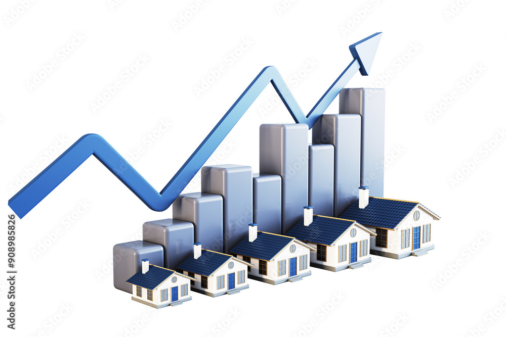 Poster Image shows a growth chart with an upward arrow and small houses in front, representing the real estate market on a white background. 3D Rendering