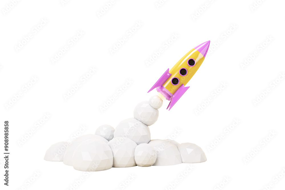 Poster colorful cartoon rocket launching with smoke. 3d rendering on a white background. concept of startup