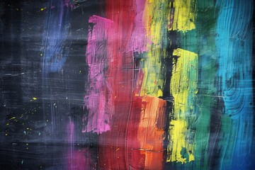 Naklejka premium Bright, colorful brushstrokes adorn a dark green chalkboard, showcasing artistic expression in a classroom environment. Generative AI