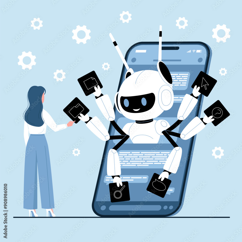 Poster productivity and automation of chatbot assistant. tiny woman working with multitasking robot on smar