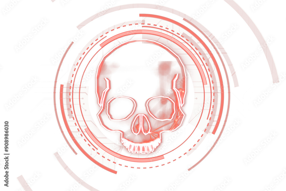 Poster red wireframe digital skull symbol surrounded by circular patterns on a white background. concept of