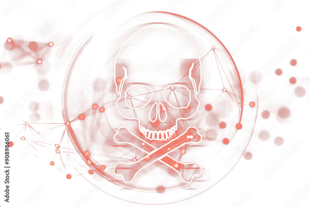 Aufkleber Holographic skull and crossbones with neon outlines and digital elements on a white background. Concept of digital hacking and malware. 3D Rendering
