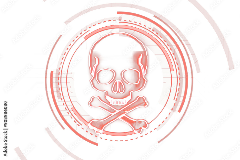 Poster Digital skull and crossbones symbol in neon lines on a white background. Cybersecurity and hacking concept. 3D Rendering