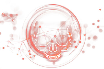 Obraz premium Digital skull hologram with wireframe design on white background. Red neon lines and virtual network nodes. Concept of hacking and cybercrime. 3D Rendering