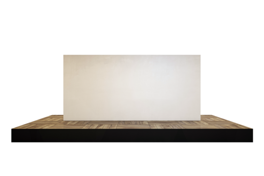 Blank billboard on a wooden platform, isolated on a white background. Concept for mockup, advertising, or branding. 3D Rendering