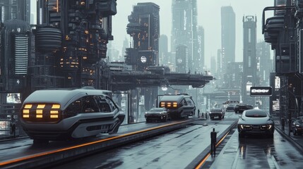 Naklejka premium Futuristic digital city with sleek, comfortable vehicles and advanced infrastructure, generative AI