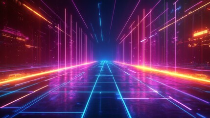 Neon Lights Reflecting on a Futuristic Street