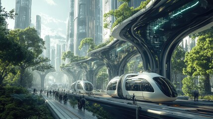 Generative AI depiction of a civilized future city with cutting-edge tech and comfortable public transport