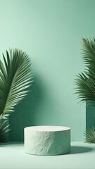 3D rock pedestal podium on tropical pastel green background. Exotic natural palm leaf shadow