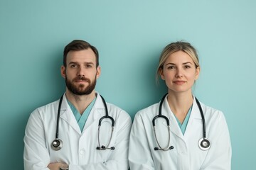 Fototapeta premium Two medical professionals, a male and a female doctor, pose against a solid color background. They wear white coats and have stethoscopes draped around their necks, symbolizing their roles in
