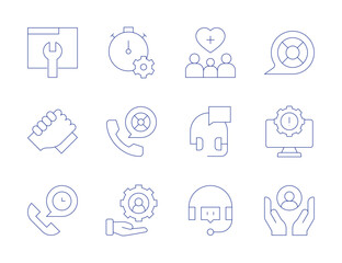 Support icons. Thin Line style, editable stroke. chronometer, maintenance, hands, customer support, hours support, support, computer, care