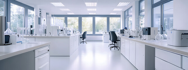 photo of a modern white laboratory interior with lab equipment and working tables