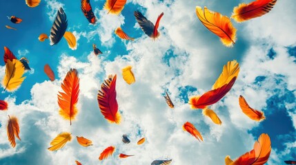 Vibrant bird feathers in the sky, with dramatic cloud backgrounds