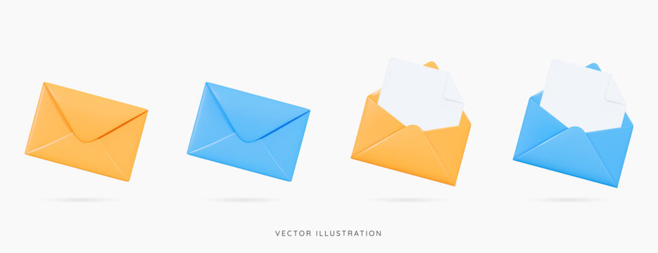3D Blue and yellow envelopes icon set. Open and close letters. Subscribe to newsletter. Email message. Send post card. Envelope with document. Mail notification. Cartoon icons. 3D Vector illustration