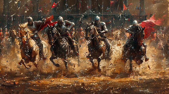 Artistic portrayal of a significant medieval tournament, with knights jousting and a crowd of spectators cheering