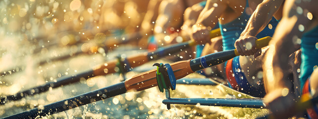 A close up of the oars and rowers in action during an outdoor race