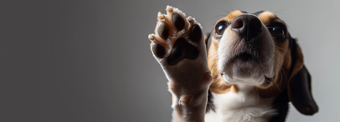 beagle dog raising paw front view dark background pet obedience training animal rescue campaign playful curious expression veterinary care blank copy banner healthcare save resume animals shelter ad