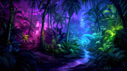 Mystical Neon Jungle Landscape AI Generated Art. Enchanted Forest with Bioluminescent Plants. Vivid Night Scene with Vibrant Colors. Perfect for Fantasy Art Lovers and Creative Projects. AI