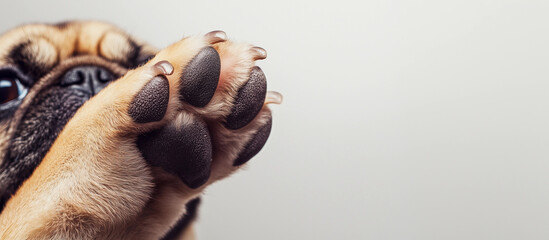 closeup pug dog raising paw isolated white background playful gesture cute pet animal advertising campaign veterinary grooming blank copy space marketing dog food banner healthcare save resume animals