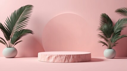 3D rock pedestal podium on tropical pastel pink background. Exotic natural palm leaf shadow