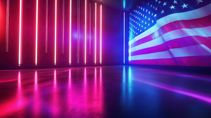 American Flag with Neon Lights, vibrant neon lights on a dark background with a subtle overlay of the USA flag and glowing stars. abstract representation of a US flag with Patriotic glow
