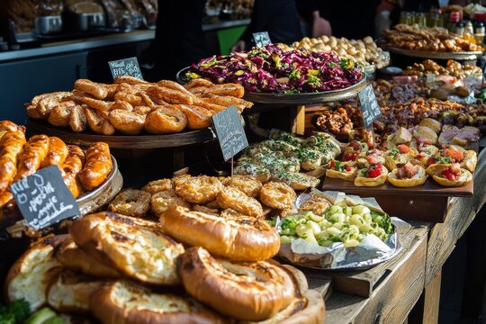Oktoberfest street food at market. Traditional Bavarian October fest festival with buffet meal selection of Pork Knuckle, Roast Chicken, German sausage, BRATWURST, pretzel, SAUERKRAUT cabbage, potato.