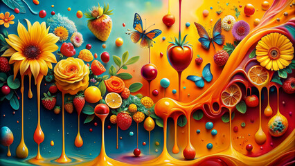 Vibrant floral elements mix with colorful fruits and butterflies, creating a dynamic and vibrant composition. Bright paint drops intertwine with a variety of natural elements. AI generated.