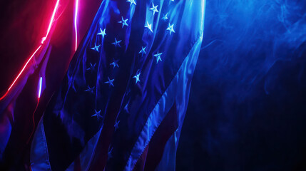 American Flag with Neon Lights, vibrant neon lights on a dark background with a subtle overlay of the USA flag and glowing stars. abstract representation of a US flag with Patriotic glow