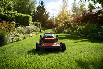 Lawn mower stands ready for maintenance in vibrant garden