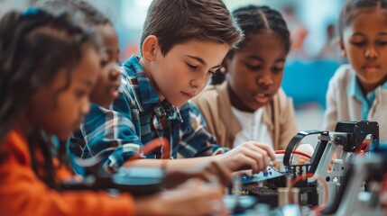 A diverse group of children deeply engaged in building robots, highlighting their curiosity and teamwork in a stimulating educational environment centered around STEM learning.