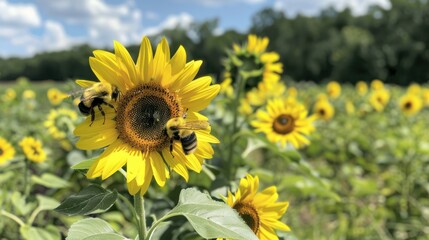 Fototapeta premium Yellow sunflowers bloom beautifully in the farmland, nature spring outdoor background.