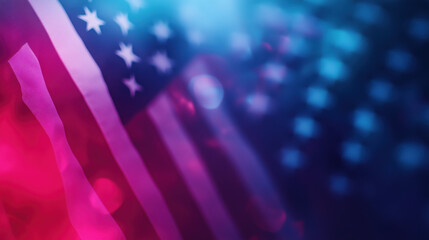 American Flag with Neon Lights, vibrant neon lights on a dark background with a subtle overlay of the USA flag and glowing stars. abstract representation of a US flag with Patriotic glow