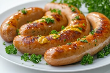 Oktoberfest meal dish on a white plate of traditional Bavarian sausages with mustard, garnished with parsley, on a white plate