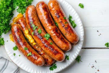Oktoberfest meal dish on a white plate of traditional Bavarian sausages with mustard, garnished with parsley, on a white plate