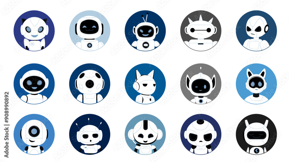 Poster cute robots avatars set. chat bot heads with different expressions on face, happy and sad android, w