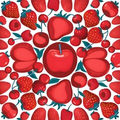 Seamless Vector Texture Featuring Red Fruits on White Background, Ideal for Creative and Vibrant Illustrations and Design Projects