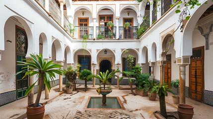 Fototapeta premium Serene Andalusian Patio: Whitewashed architecture lush greenery tranquil oasis summer vacation. 