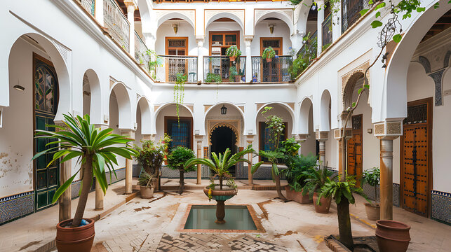 Serene Andalusian Patio: Whitewashed architecture lush greenery tranquil oasis summer vacation.
