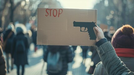 A person holding a cardboard sign that reads 'STOP' and shows an image of a gun, standing amidst a large crowd during a protest to raise awareness about gun violence.