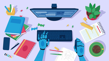 Online work of artificial intelligence on tasks, development of AI tools. Top view of robot sitting at desk with computer to type on keyboard, pen and books on table cartoon vector illustration