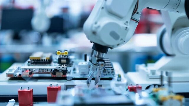 A robot is working on a circuit board. The robot is white and has a black head