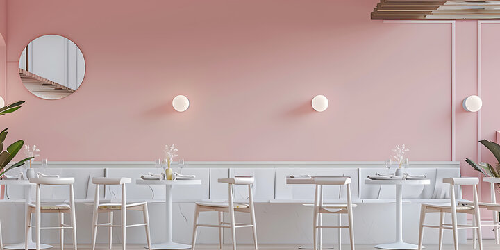Minimalist pink and white cafe interior design with a modern and elegant feel for a stylish and inviting atmosphere. 