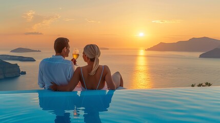 A romantic moment captured during sunset with a couple enjoying drinks in an infinity pool, highlighting the serene ocean view and creating a dreamy atmosphere.