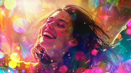 Fototapeta premium An abstract image of a woman with flowing hair bathed in vibrant, colorful light, creating a dreamy and ethereal atmosphere with multiple bokeh effects and light streaks.