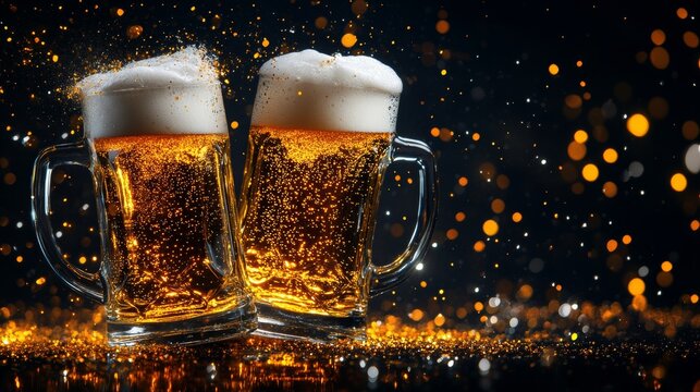 two classic beer steins cheering or toasting  in the air with beer spilling with yellow glitter motion lines on dark background with copy space festive Oktoberfest or St Patrick's day poster 