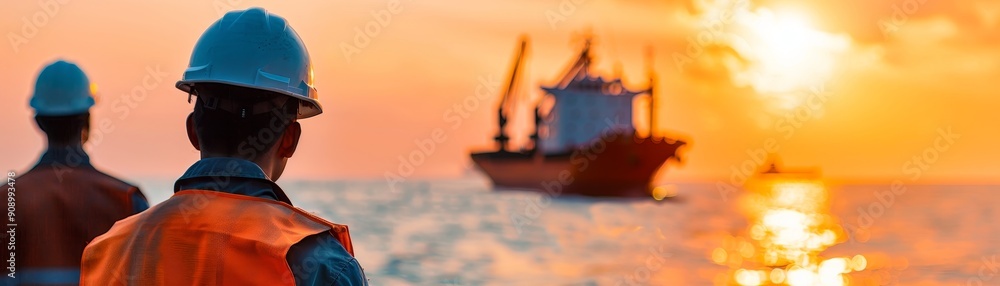 Poster two workers in hard hats observe cargo ship at sunset on the open ocean.