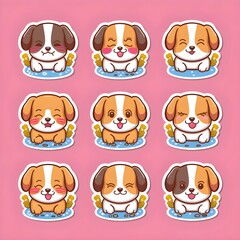 Playful Kawaii Die-Cut Stickers Featuring Cute Puppy Dogs with Various Emotions on Pink Background, Perfect for Adorable and Colorful Decoration