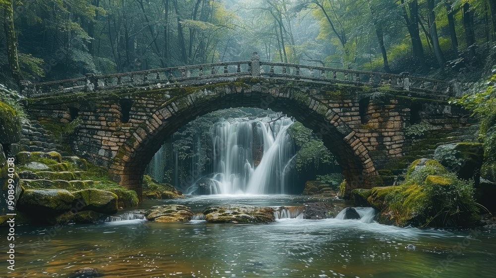 Poster modern long stone bridge for car, chinese style decorated stone bridge, bridge crossing a large stre