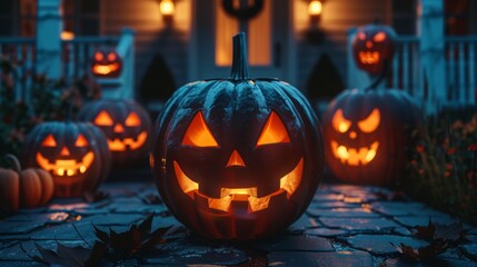 Fototapeta premium halloween decorations, on halloween night, ominous jack-o-lanterns with eerie glows are placed on a porch to greet trick-or-treaters